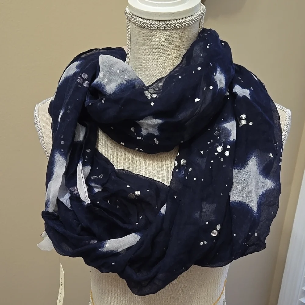Sonoma Navy White Silver Star Pattern Infinity Scarf Polyester Washable New $28